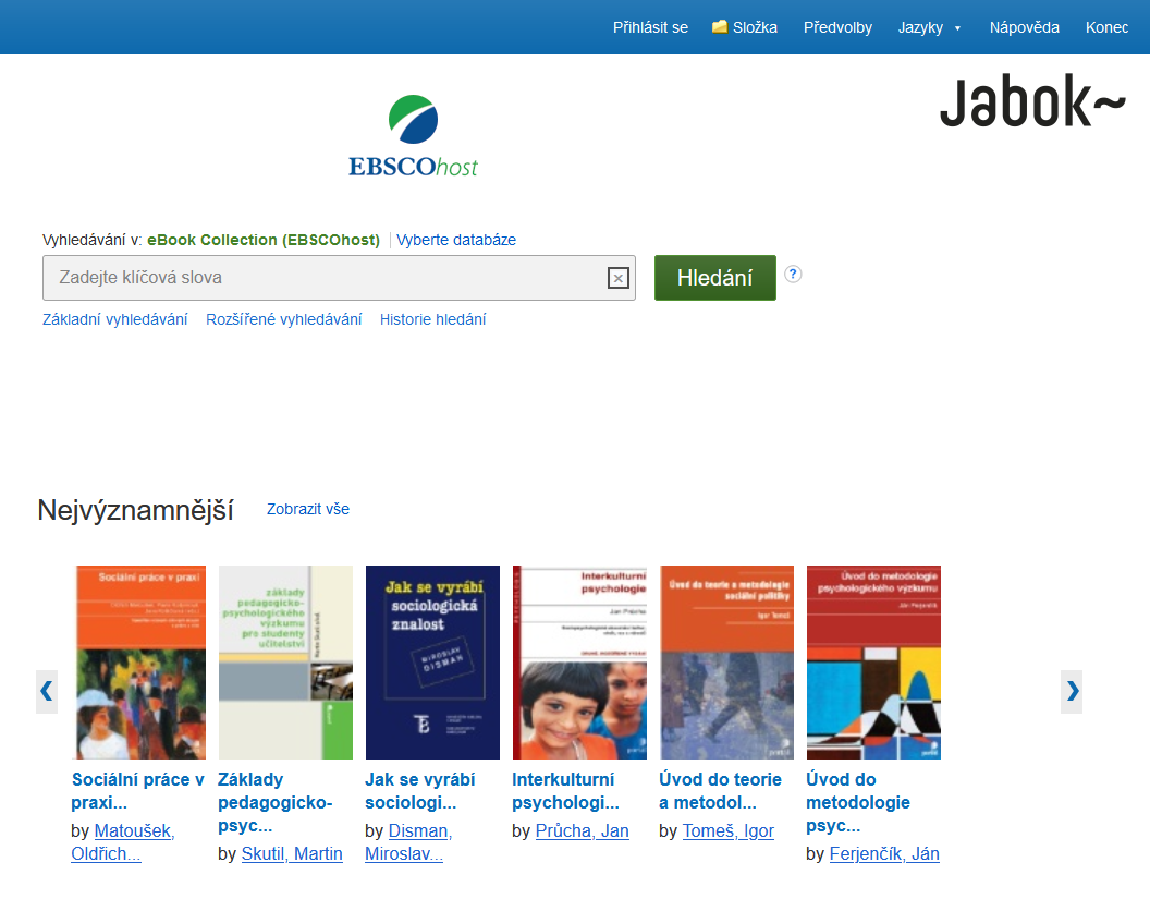Vstupní stránka databáze EBSCO e-knihy pro Jabok