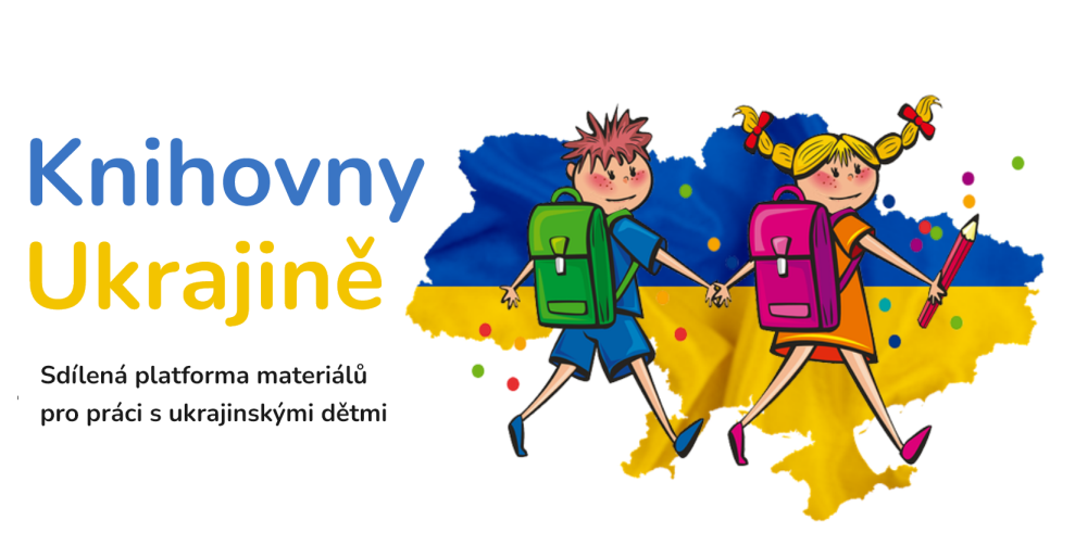 Dvě jsoucí děti se školními aktovkami, za nimi je ukrajinská vlajka ve tvaru území  Ukrajiny