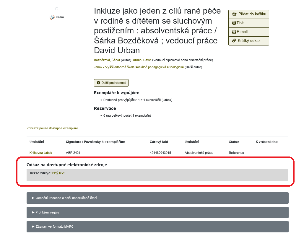 Záznam absolventské práce s odkazem na elektronický text